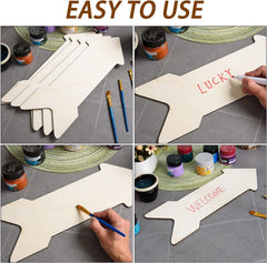 Collage of a person painting a wooden arrow-shaped sign with text on a gray surface.