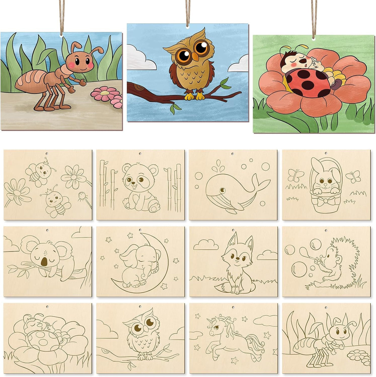 Set of wooden stamps with cartoon animal designs on a white background