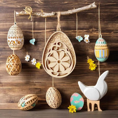 Decorative Easter eggs and a white ceramic rabbit on a wooden background