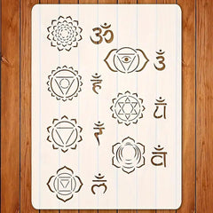 Sheet of stencils with various symbols on a wooden surface
