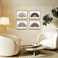 Living room with white chairs, a wooden coffee table, and decorative wall art.