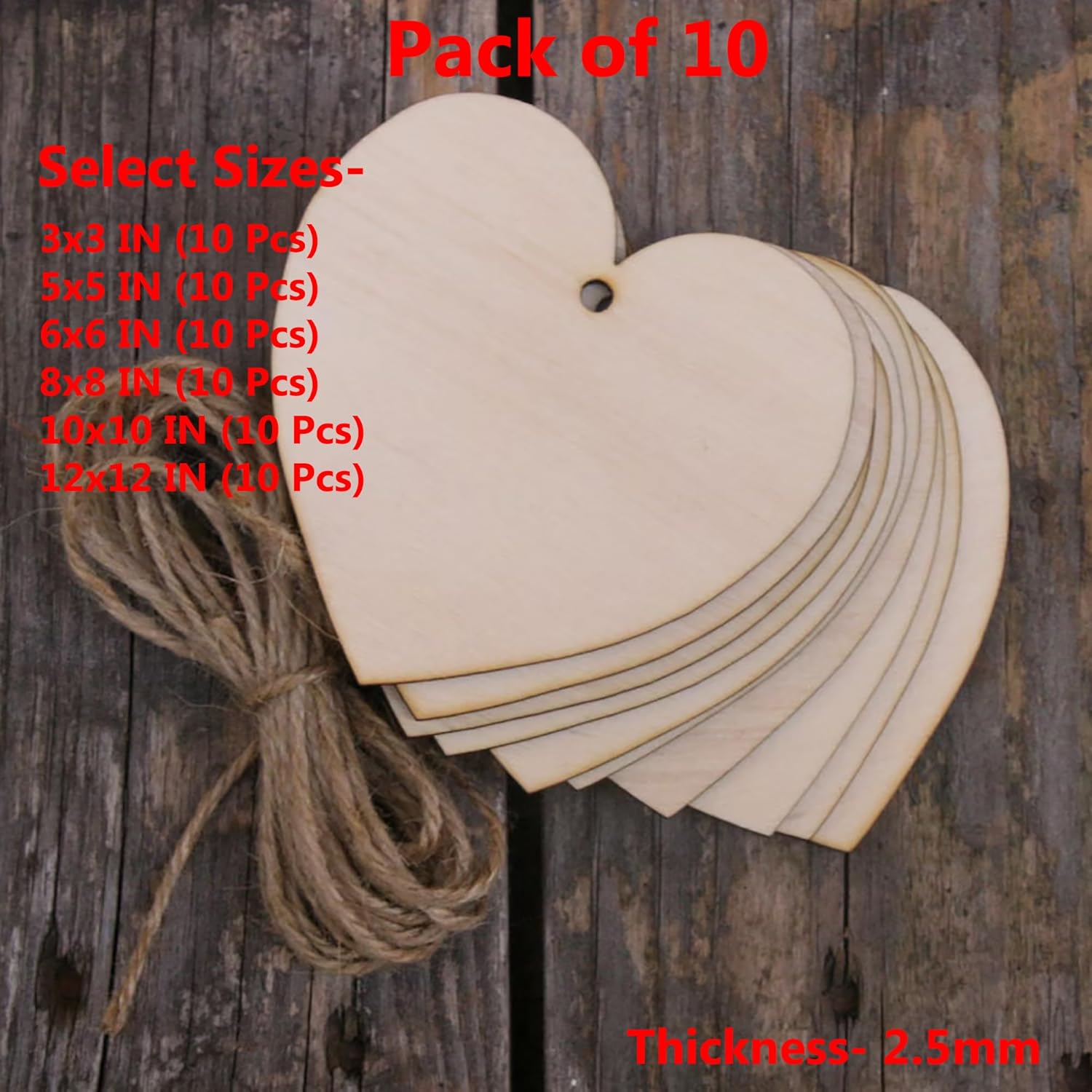 Pack of 10 heart-shaped wooden tags with jute string on a wooden background