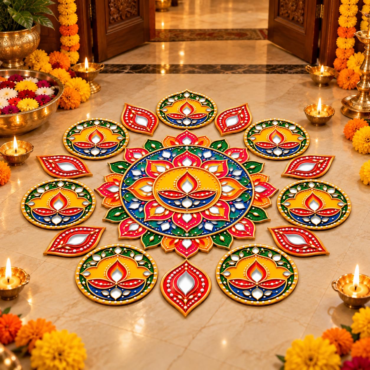 Diwali rangoli decoration with diya design for home