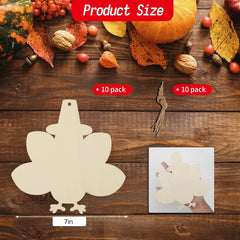 Wooden cutout of a turkey with packaging on a wooden surface with fall decorations.