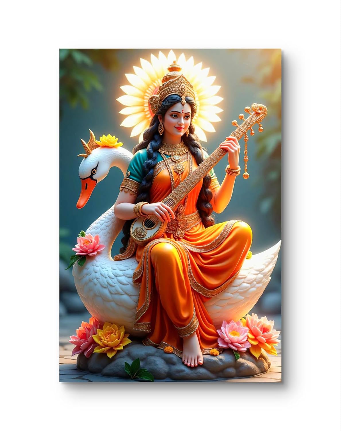 Statue of a woman playing a stringed instrument on a swan with flowers and a floral halo.