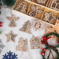 Wooden Christmas ornaments including stars, angels, and houses on a white surface with a wreath.