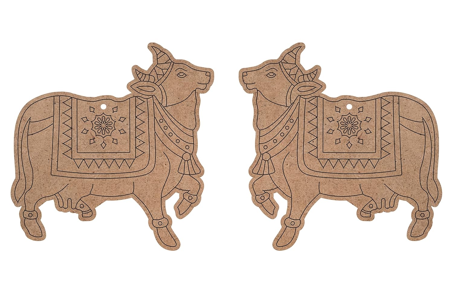 Two decorative cow-shaped items with intricate patterns on a white background