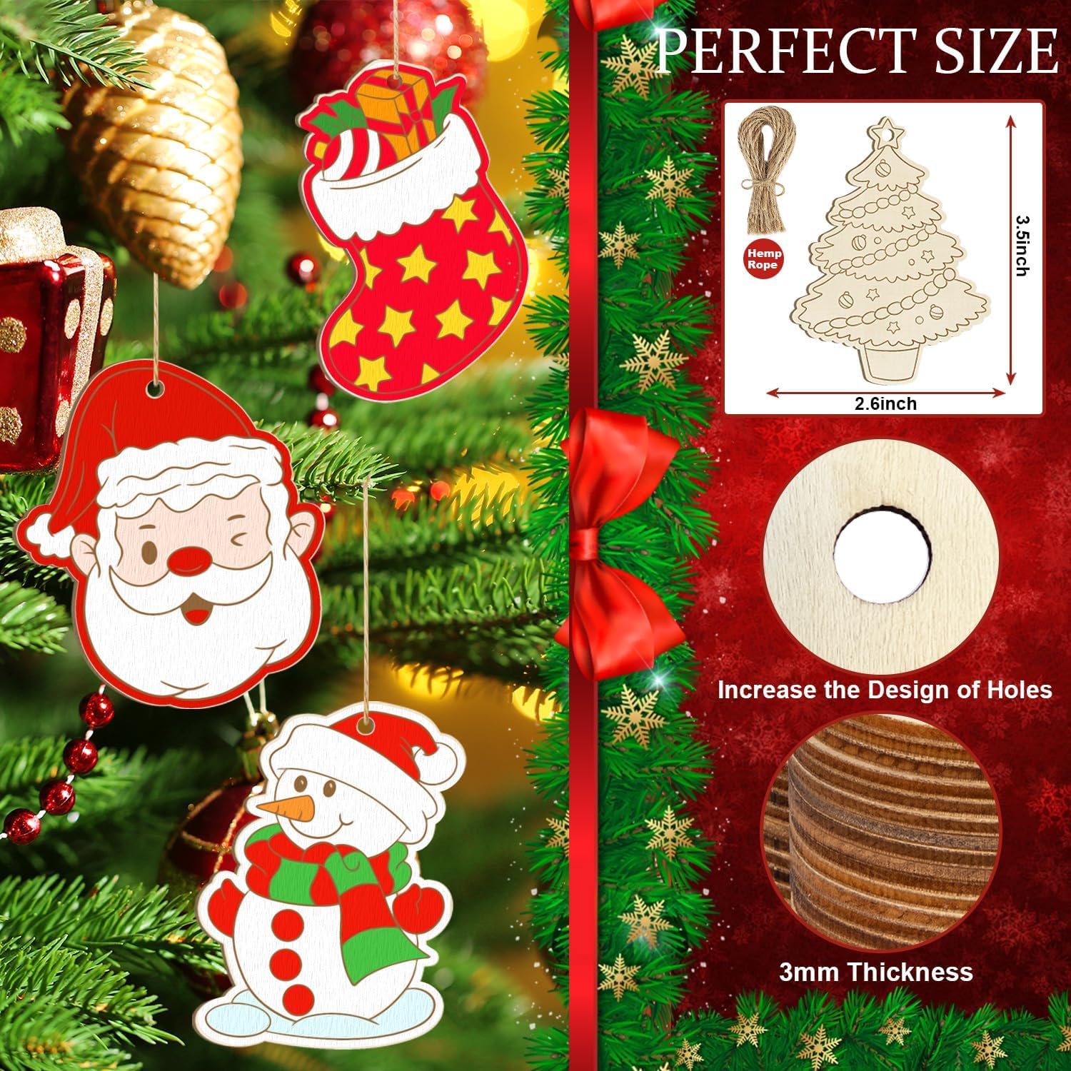 Christmas-themed wooden ornaments with Santa Claus and snowman designs, set against a festive background.