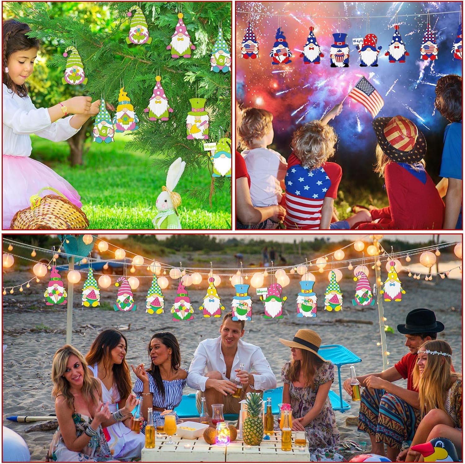 Collage of people enjoying outdoor activities with gnome decorations and fireworks.