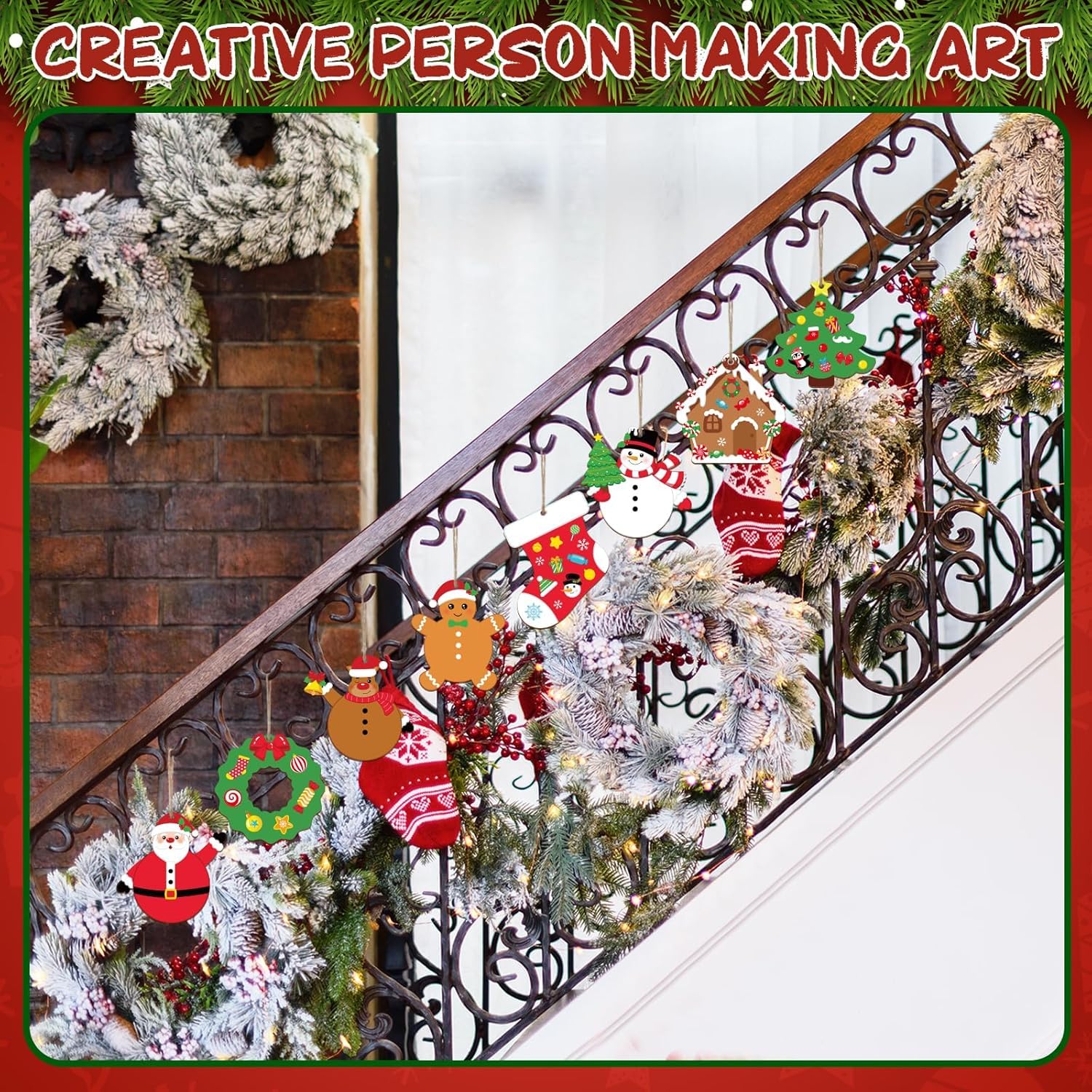 Decorative Christmas railing with wreaths, snowmen, and Santa Claus on a staircase.