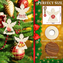 Christmas angel decorations on a tree with packaging details.