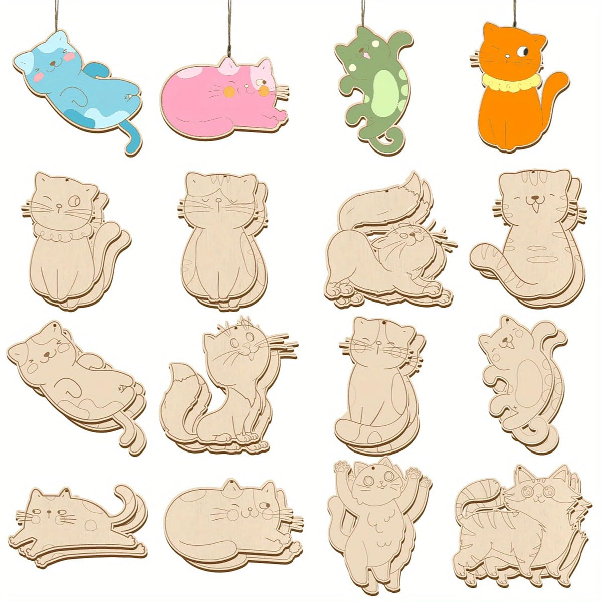Set of colorful cat-shaped wooden decorations on a white background