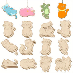 Set of colorful cat-shaped wooden decorations on a white background