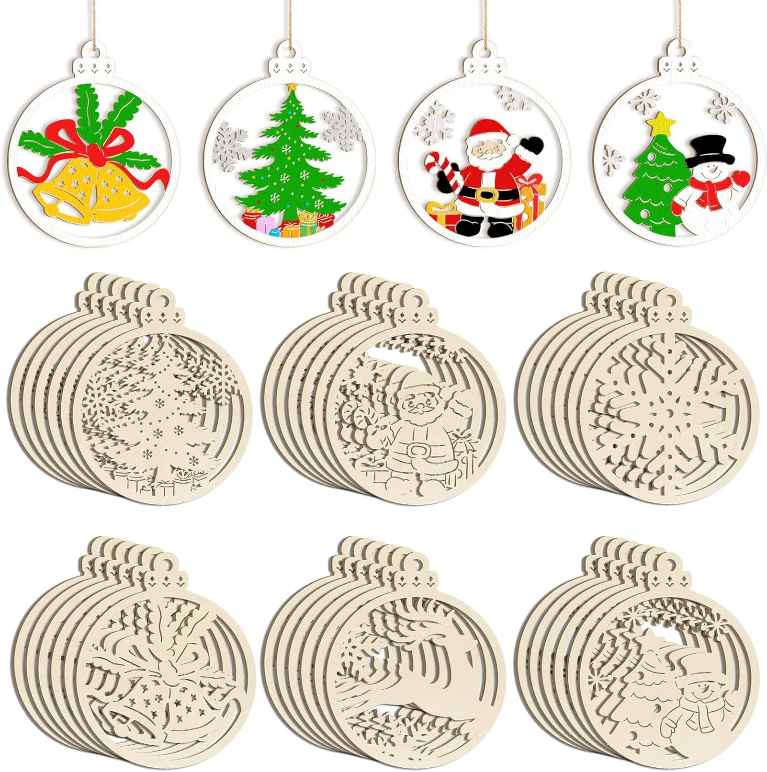 Set of Christmas-themed wooden ornaments with various designs including trees, Santa Claus, and snowflakes.