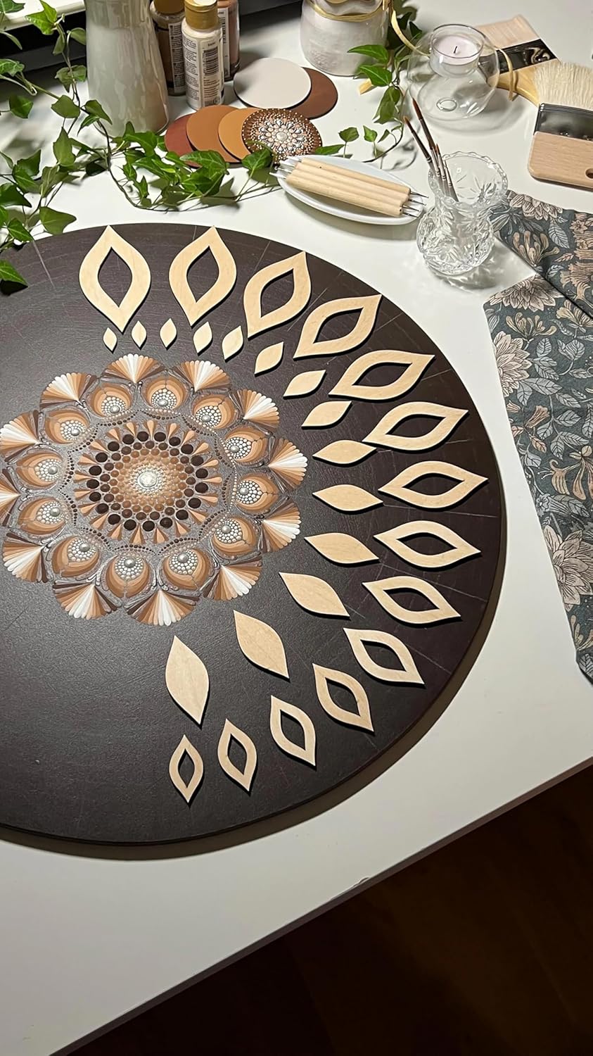 Decorative round mat with a geometric pattern on a table.