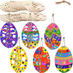 Colorful wooden Easter egg ornaments with decorative patterns on a white background.