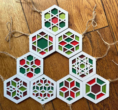 Geometric tile set on a wooden surface