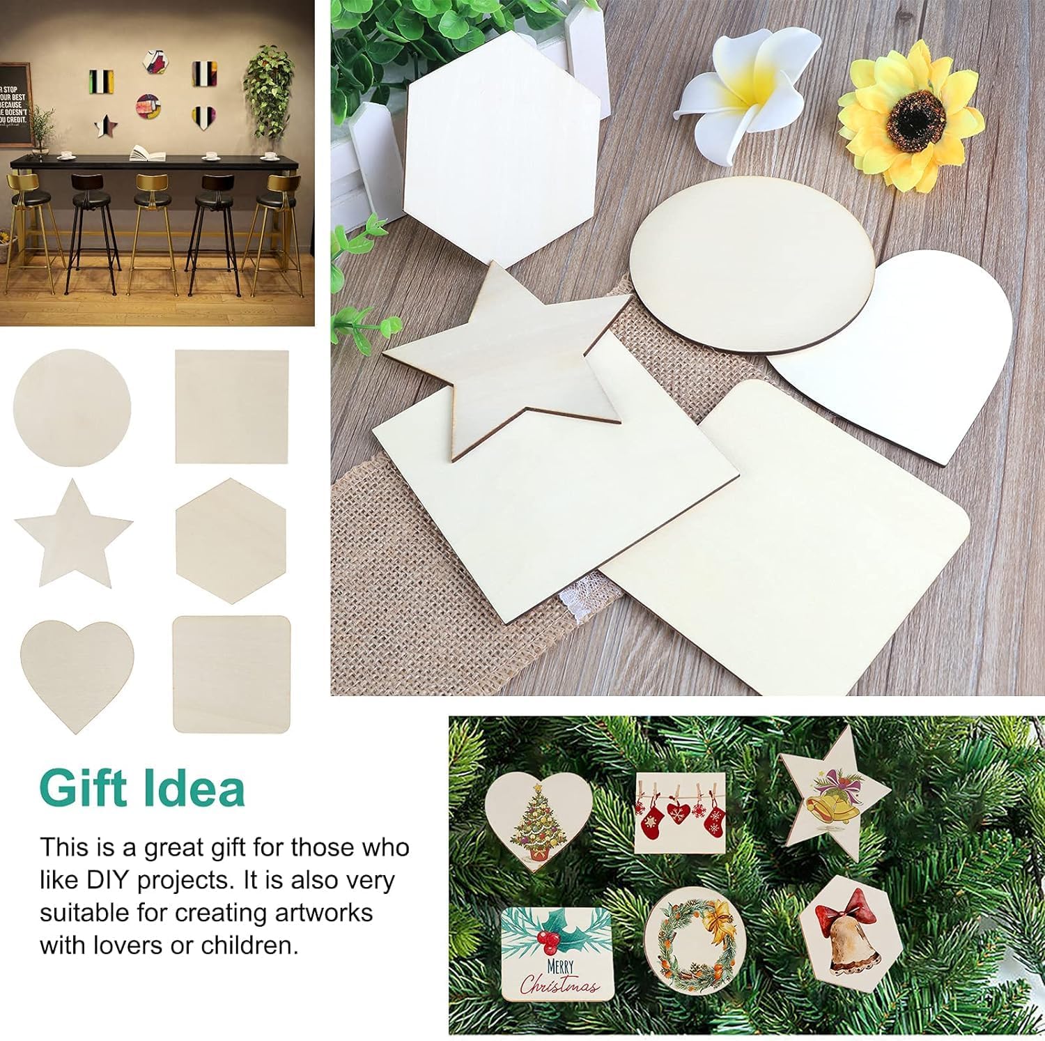 Set of wooden shapes for DIY projects with decorative examples on a Christmas tree.