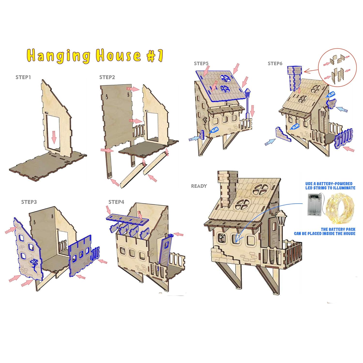 Step-by-step diagram of building a hanging house with labeled steps and illustrations.