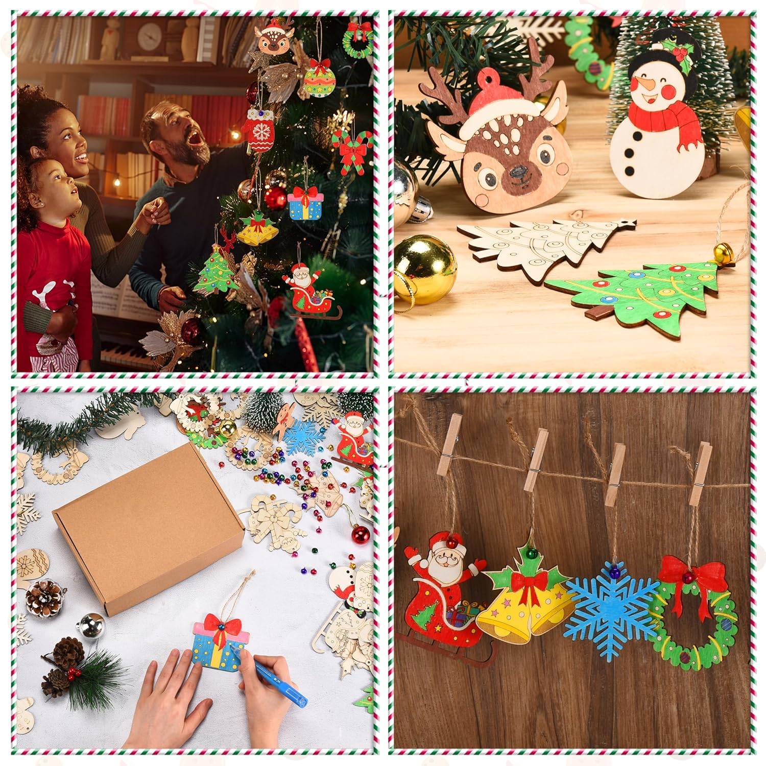 Collage of Christmas-themed activities including decorating a tree, crafting, and hanging ornaments.