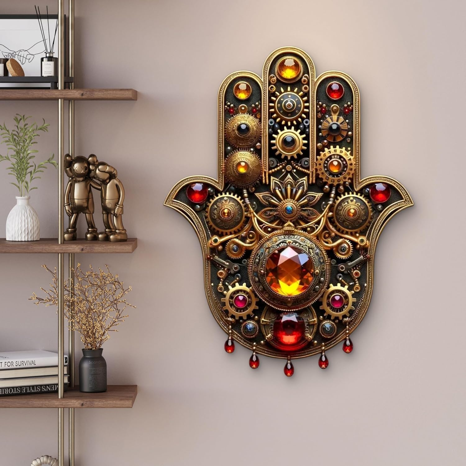 Decorative wall art in the shape of a hand with intricate designs and gemstones on a beige wall.