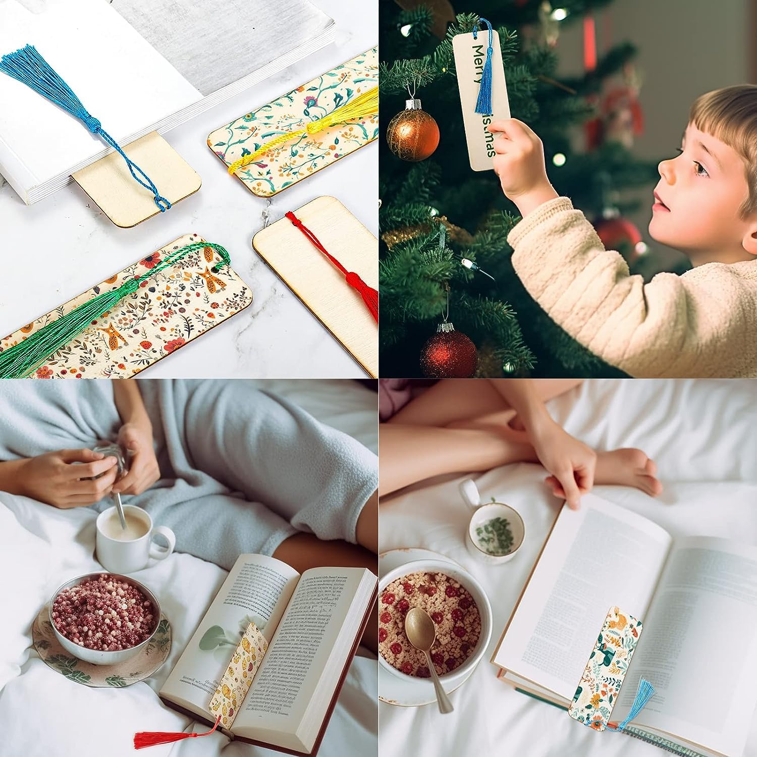 Collage of four images: decorative bookmarks, a child with a Christmas ornament, a person reading with a bowl of cereal, and a person holding a book.