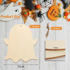 Halloween-themed wooden ghost cutout with product size details on a wooden surface.