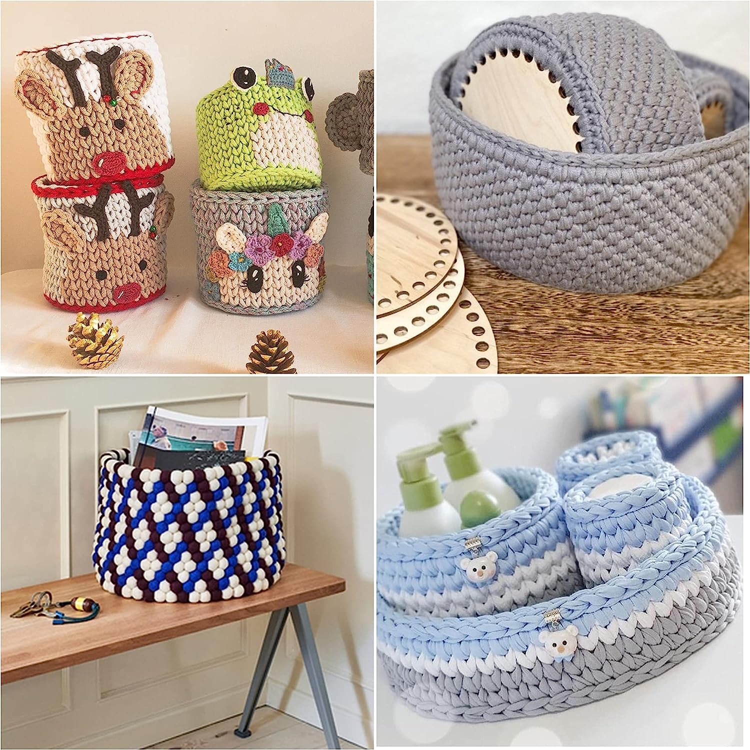 Collage of various crocheted baskets with different designs and uses.