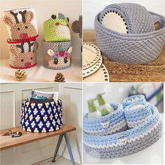 Collage of various crocheted baskets with different designs and uses.
