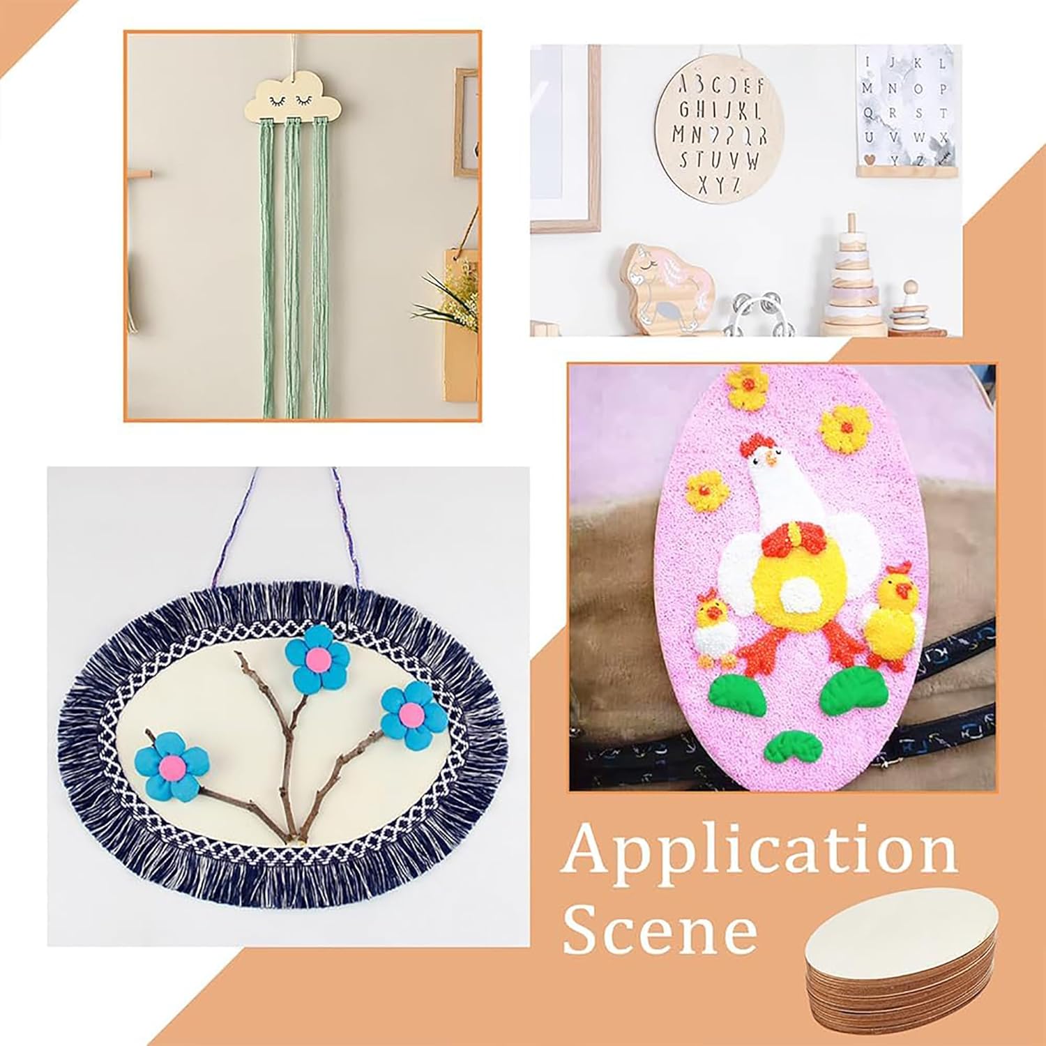Collage of decorative items including a cloud-shaped wall hanging, alphabet wall art, and a children's craft with animals.