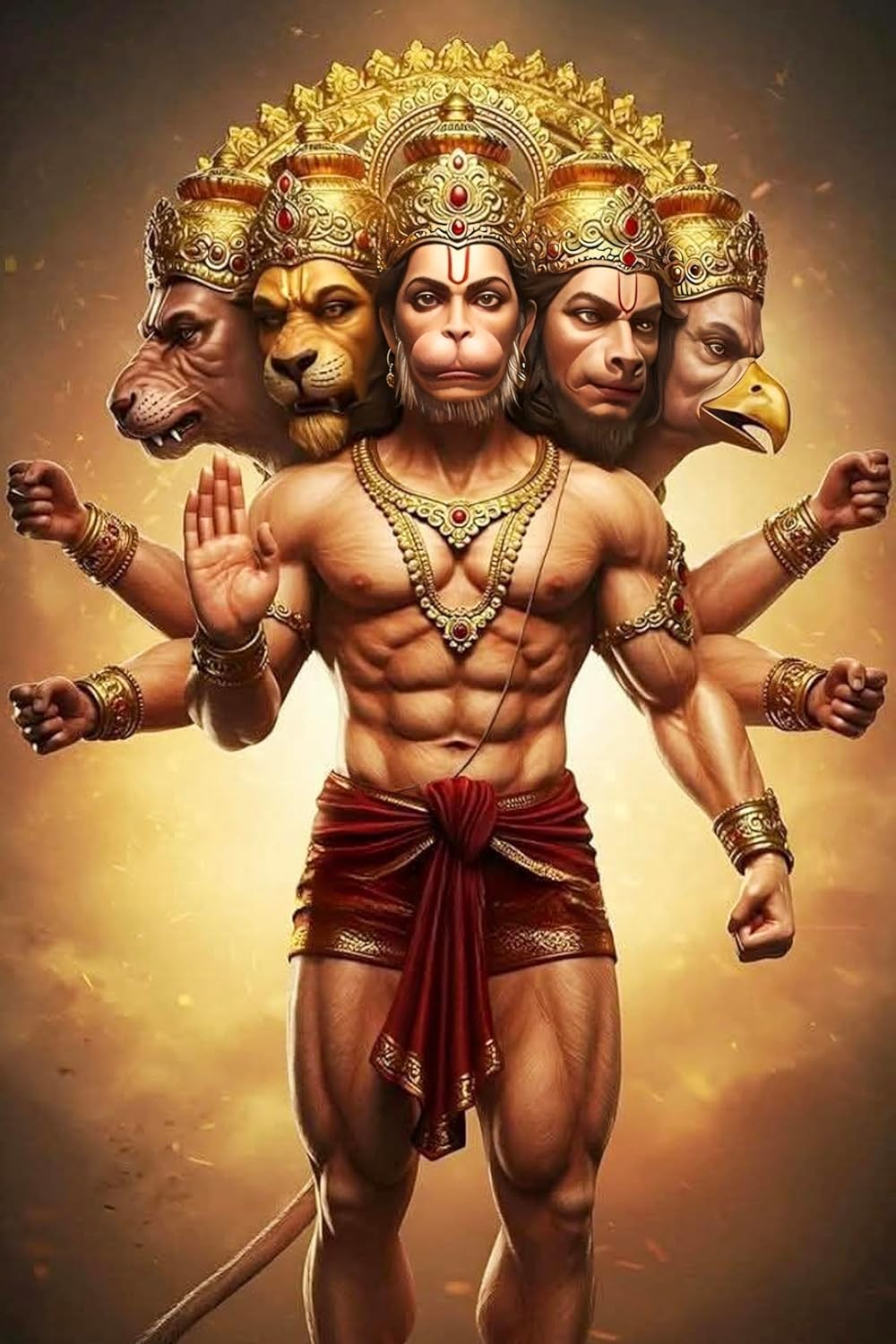 Multi-armed deity with animal heads on a warm background