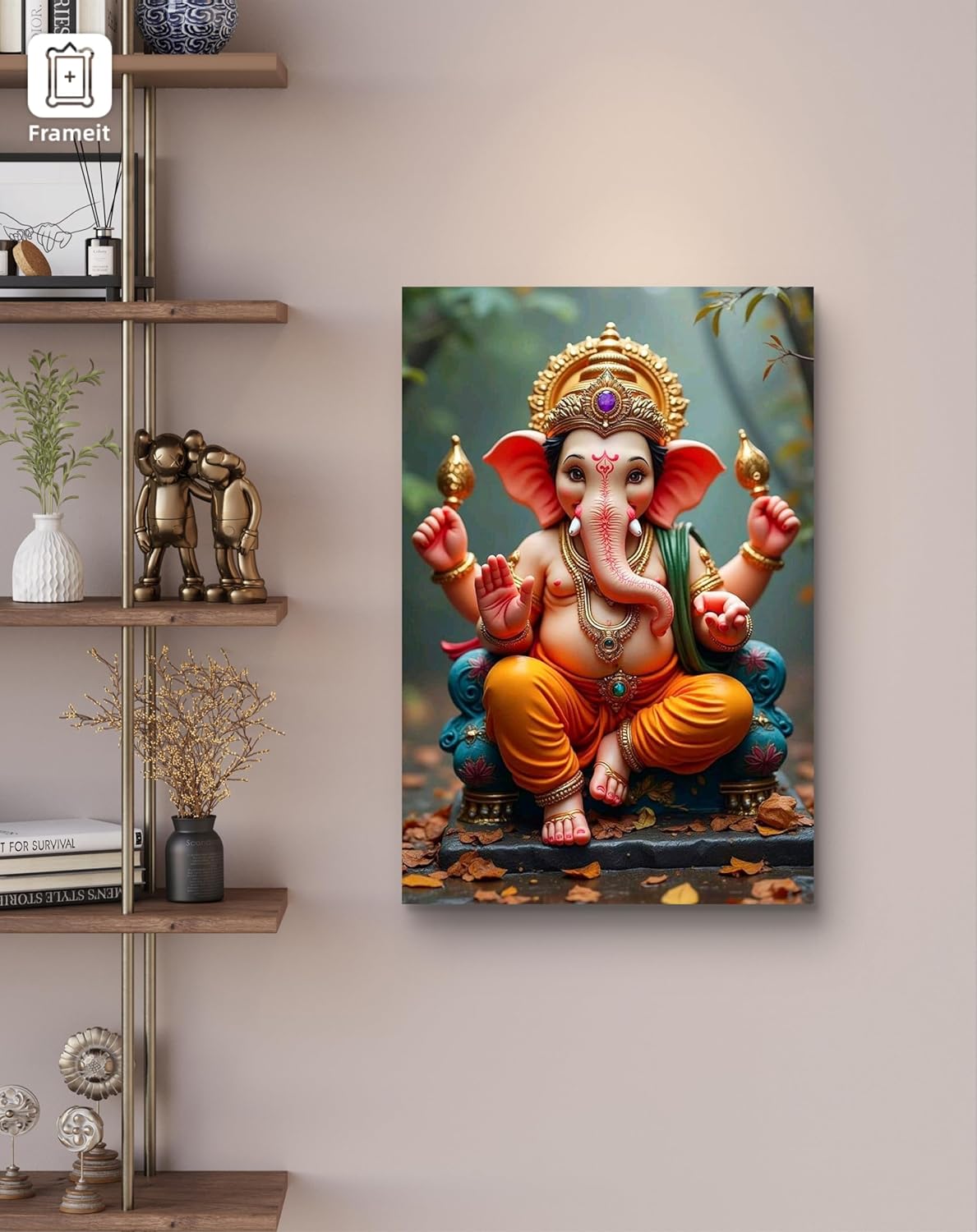 Colorful depiction of a deity on a wall with a shelf in the background