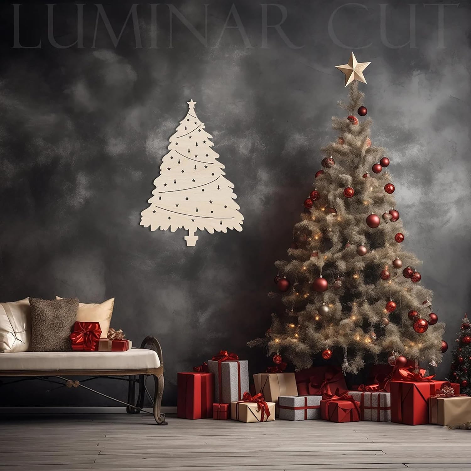 Decorative Christmas tree with red ornaments and presents against a dark wall.
