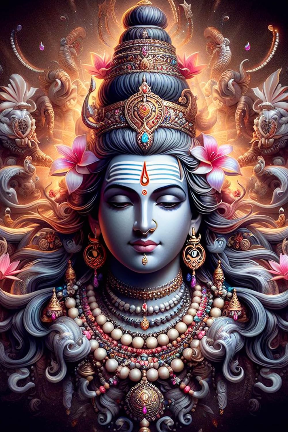 Elaborately decorated head with jewelry and flowers against a dark background