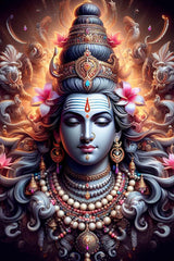 Elaborately decorated head with jewelry and flowers against a dark background