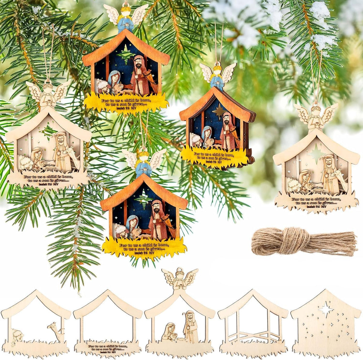 Set of nativity scene Christmas ornaments on a green tree background