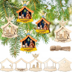 Set of nativity scene Christmas ornaments on a green tree background