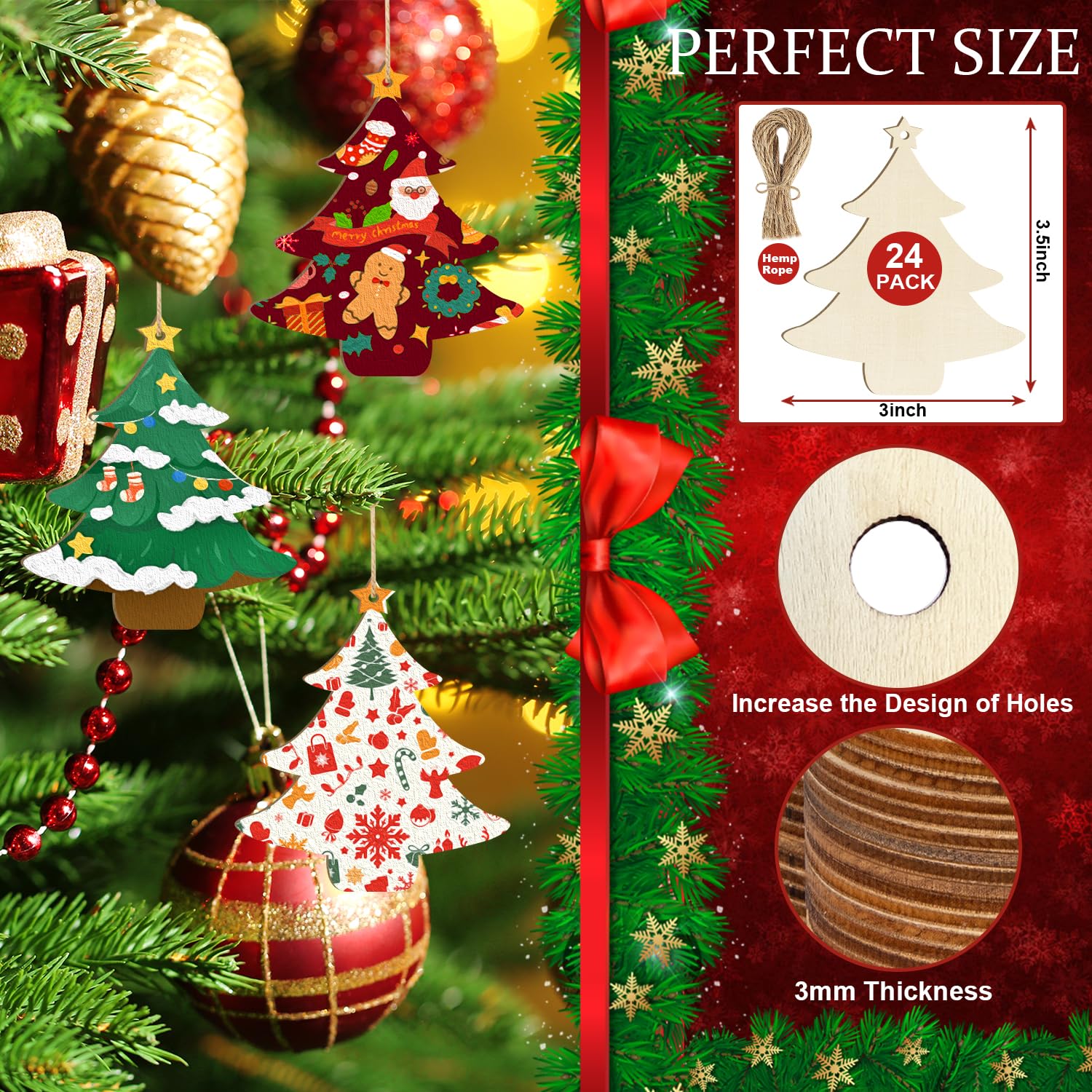 Christmas tree decorations with packaging showing product details.