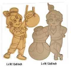 Two wooden cutouts of cartoon characters on a white background