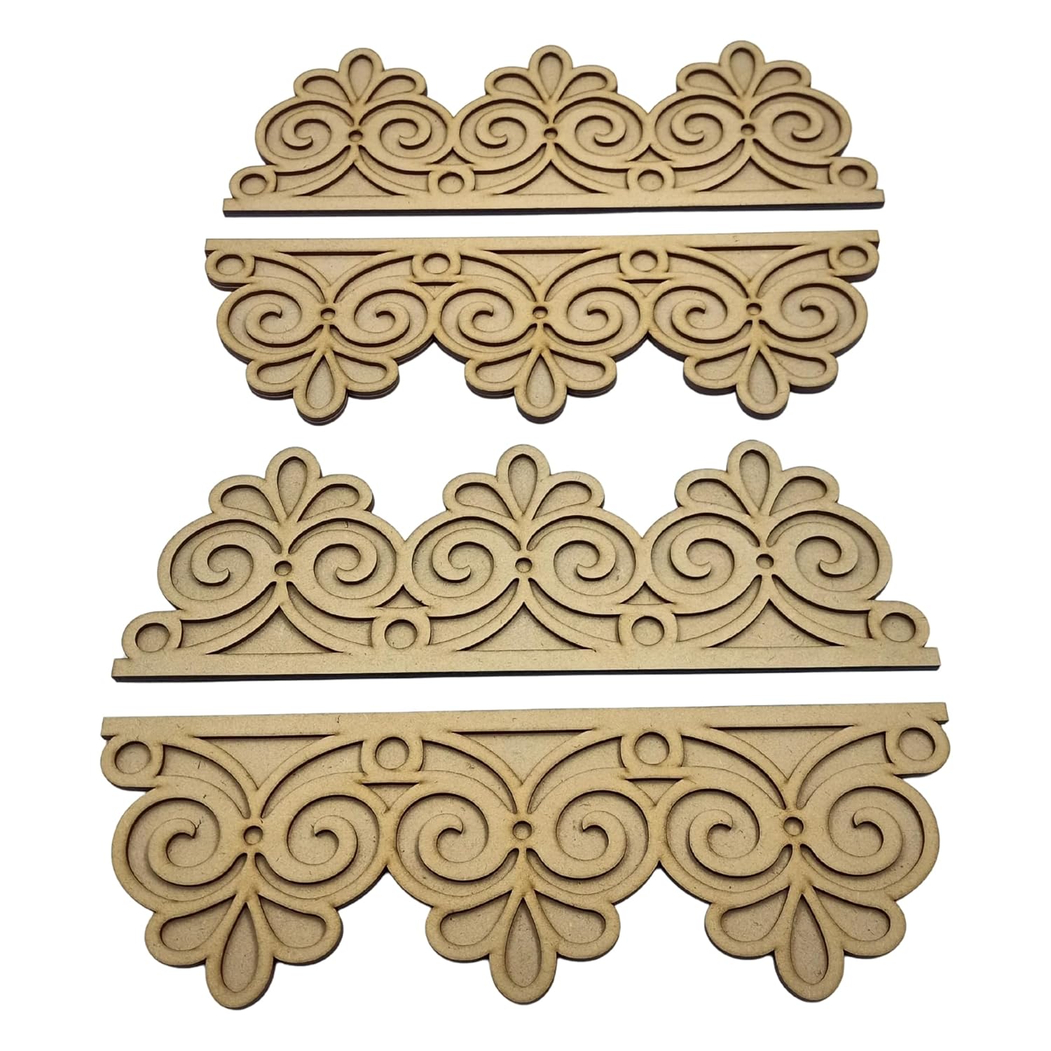Three decorative wooden brackets with intricate patterns on a white background