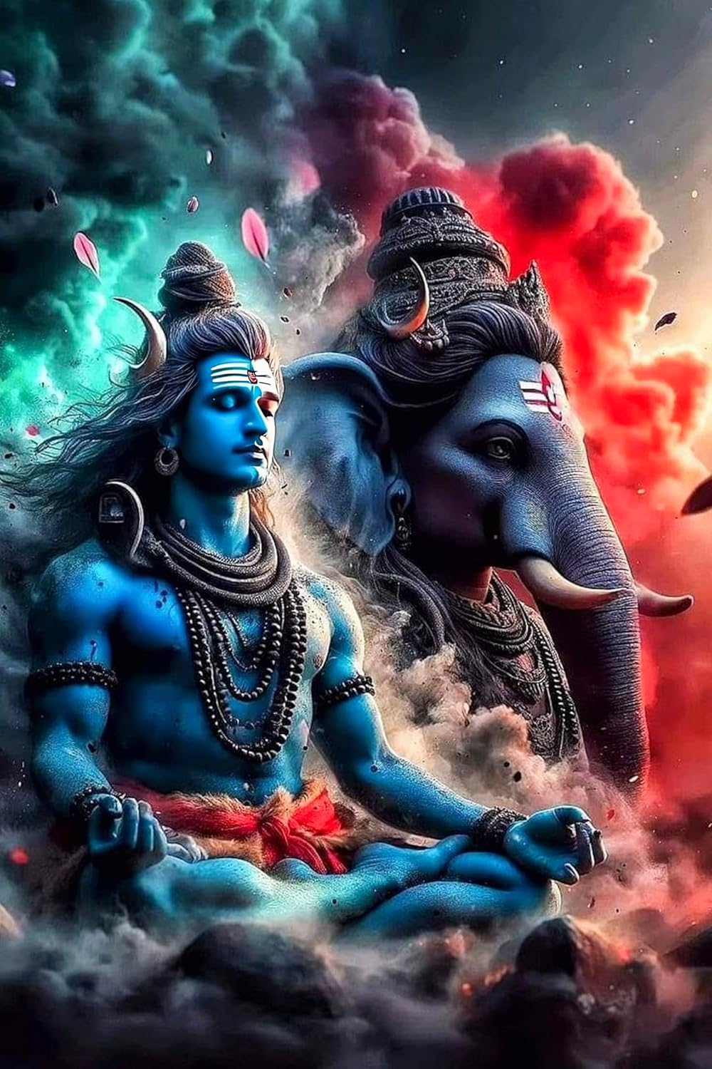 Blue-skinned deity with an elephant and colorful smoke effects