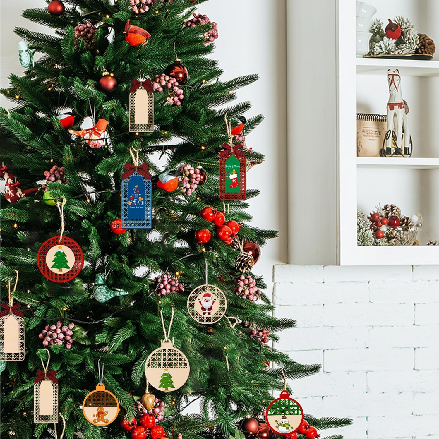 Decorated Christmas tree with various ornaments in a room setting.