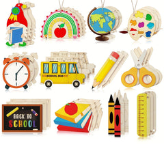 Set of wooden educational toys including a clock, school bus, pencil, and more on a white background.