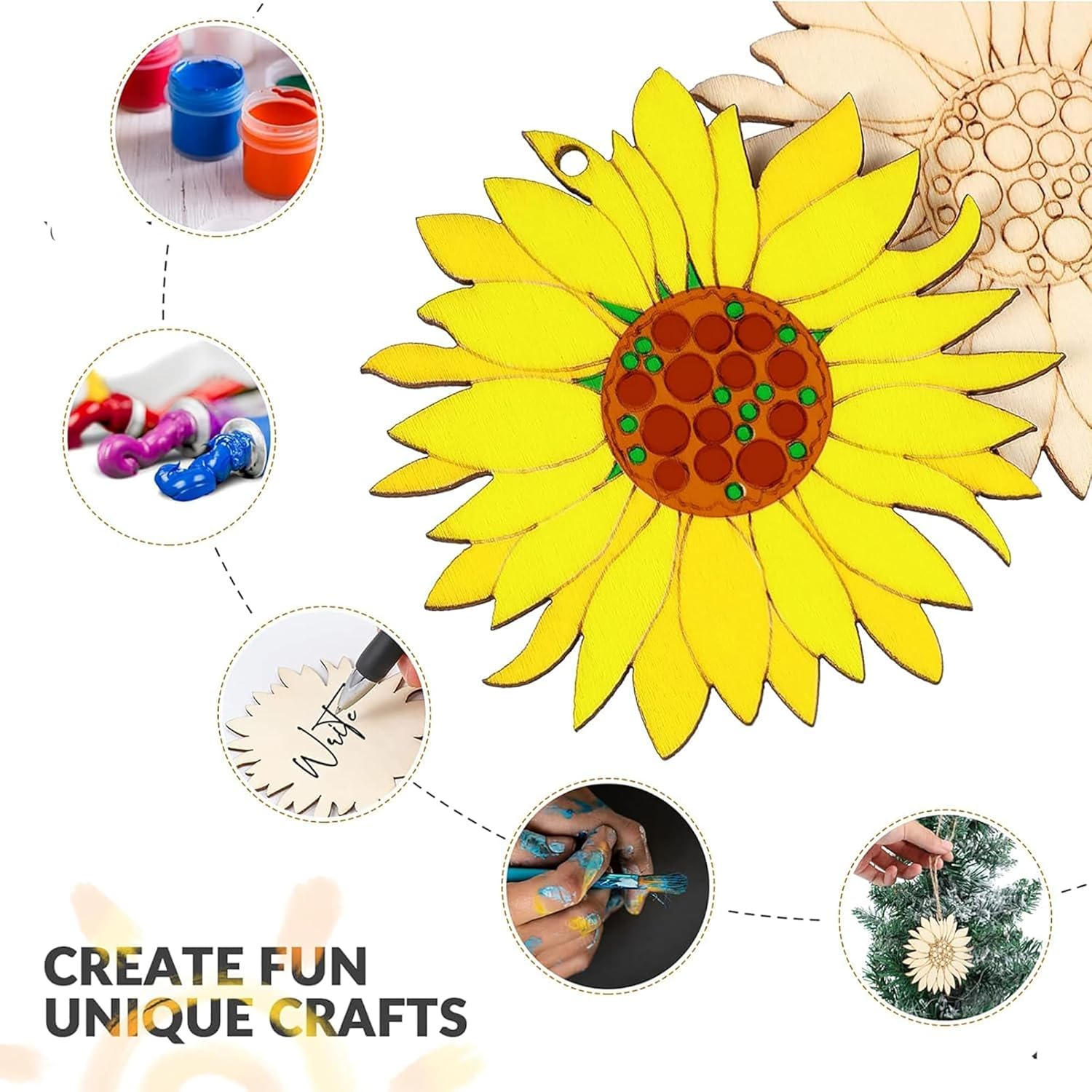 Sunflower-shaped craft item with decorative elements and text 'Create fun unique crafts' on a white background.