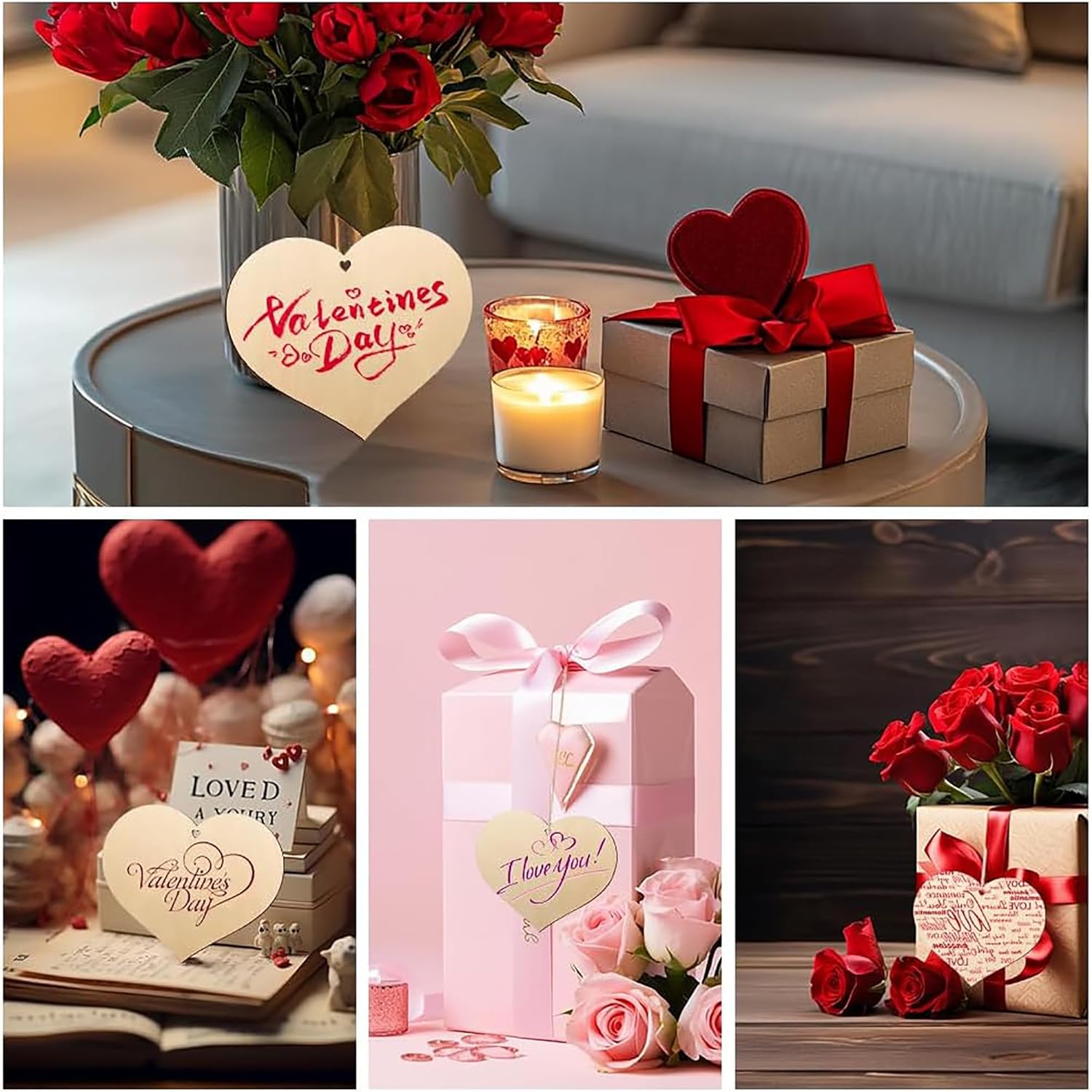 Collage of Valentine's Day-themed items including flowers, candles, and decorative hearts.