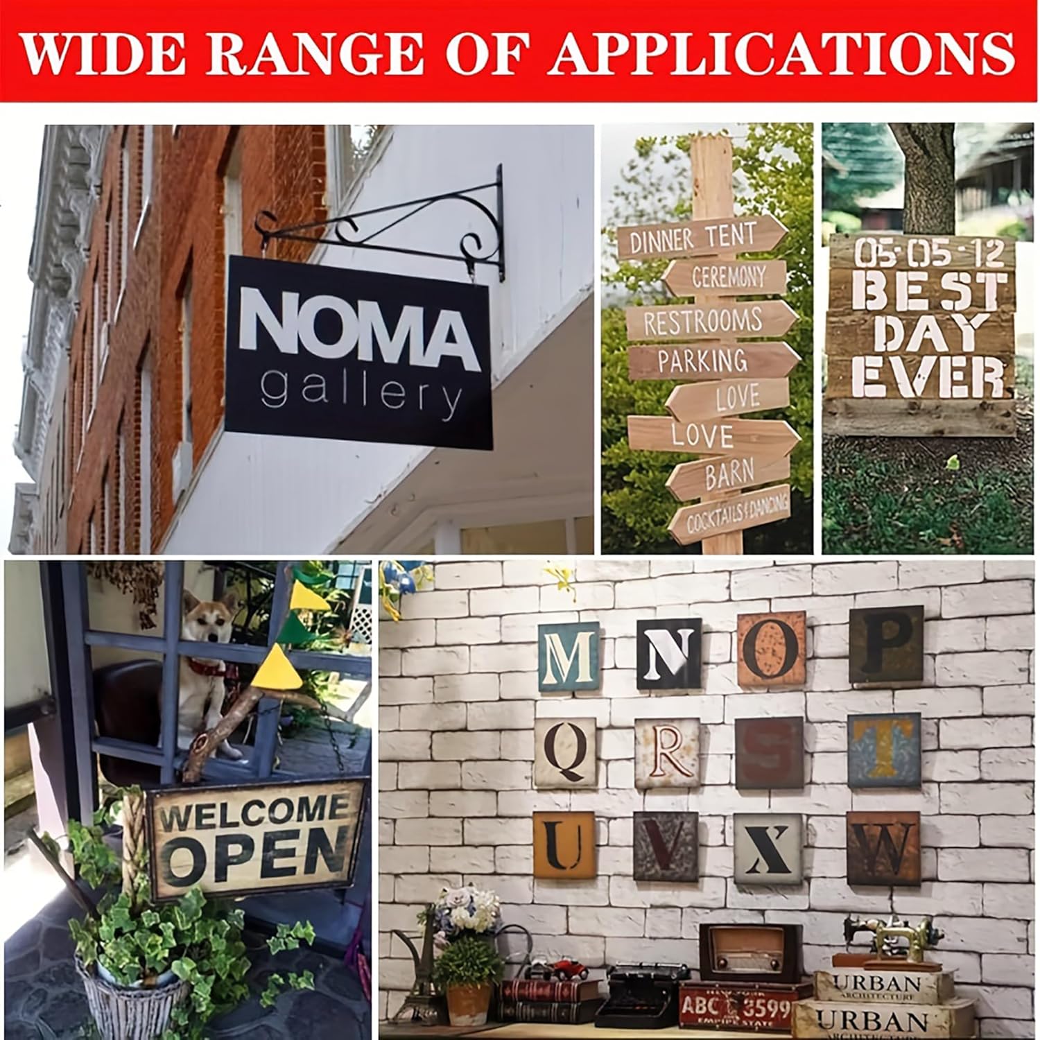 Collage of various wooden signs with text and graphics, including a sign for Noma Gallery.