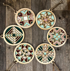 Set of six geometric wooden ornaments on a wooden background
