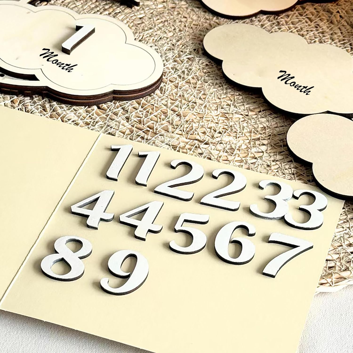 Wooden numbers and cloud-shaped cutouts on a textured surface