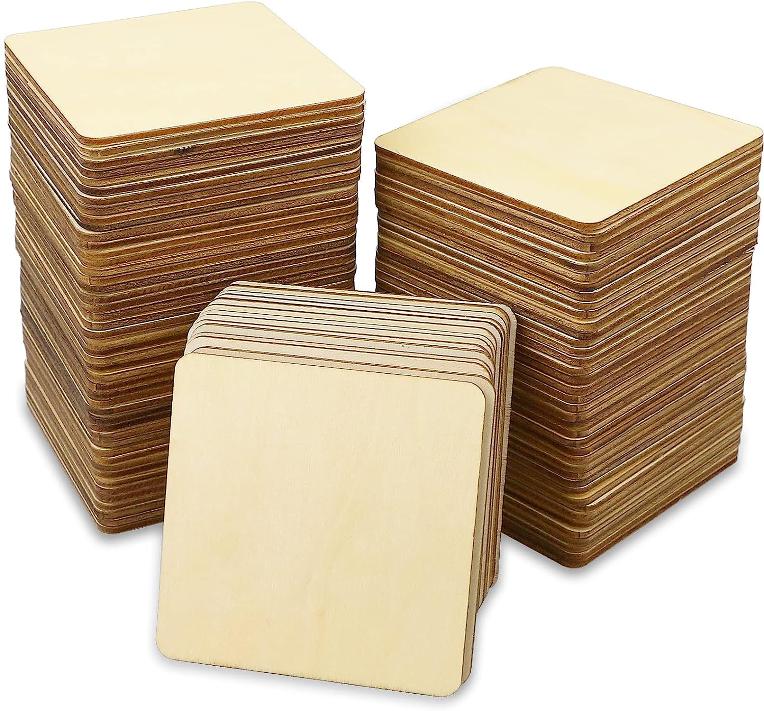Stacks of wooden cards on a white background