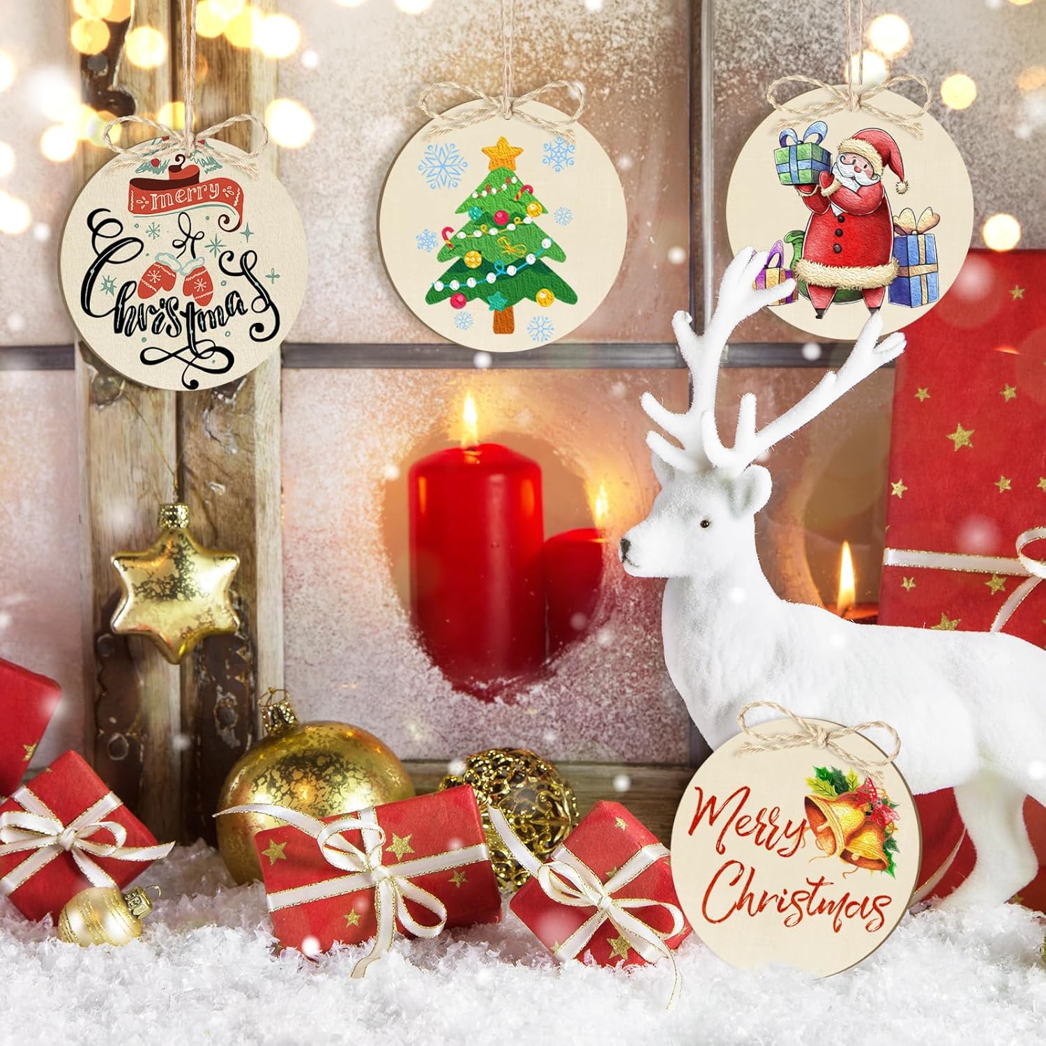 Decorative Christmas ornaments with a candle and reindeer in a festive setting.